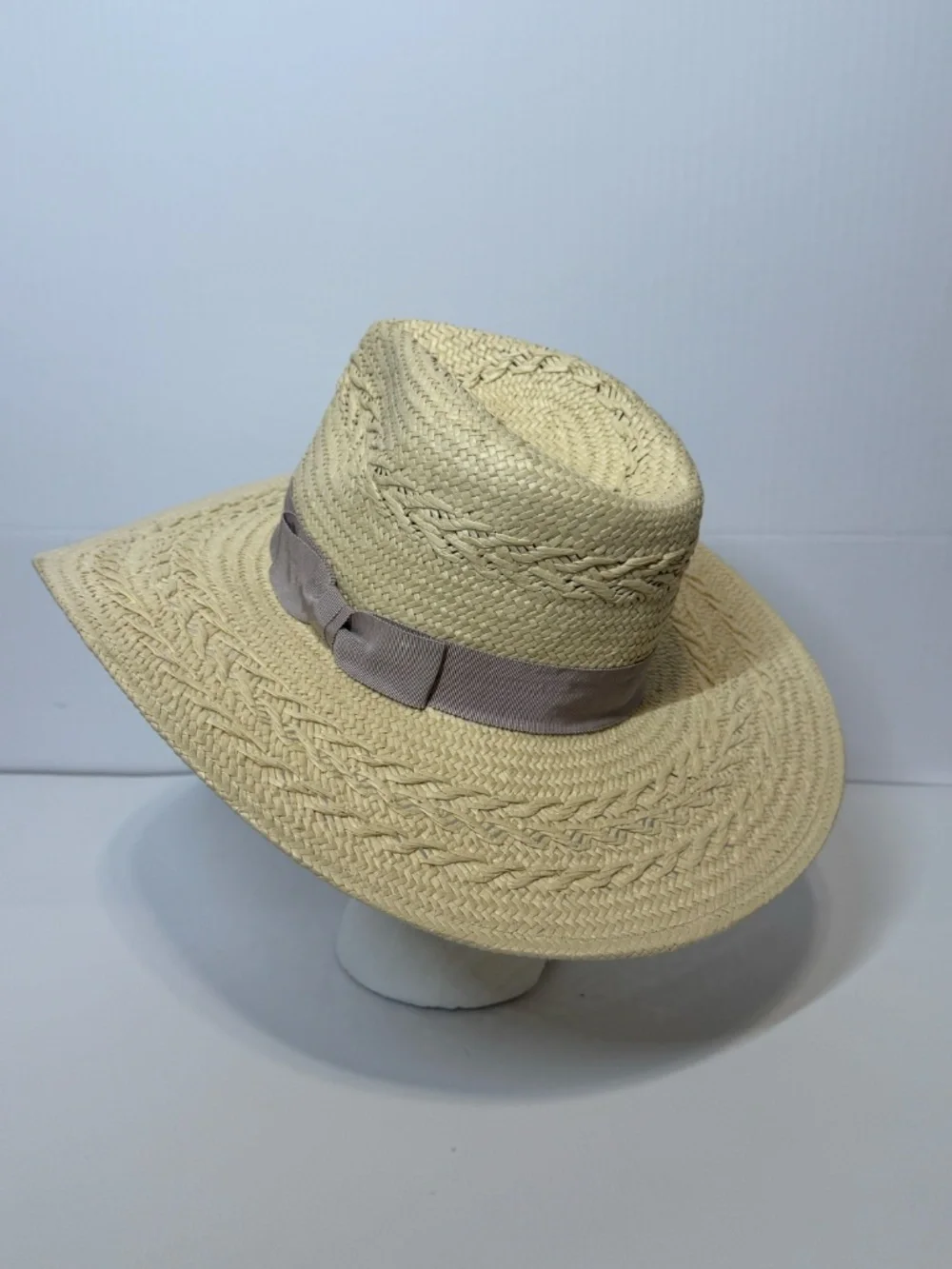BTB Los Angeles Carrie Wide Brim Woven Straw Sun Hat Taupe Ribbon Size S